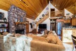 Greatroom with Vaulted Ceiling, Rock Fireplace and Kitchen/Dining Areas